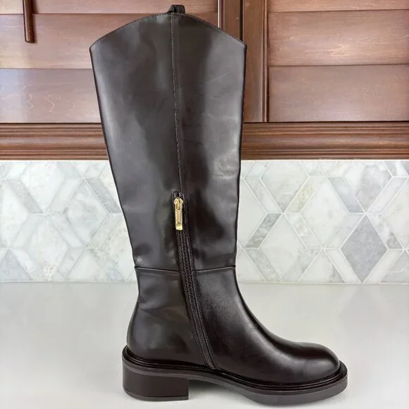 39/9 Dark Brown Walnut Round Toe Block Heel Wide Sole Knee High Pull On Zip Boot - Picture 11 of 16